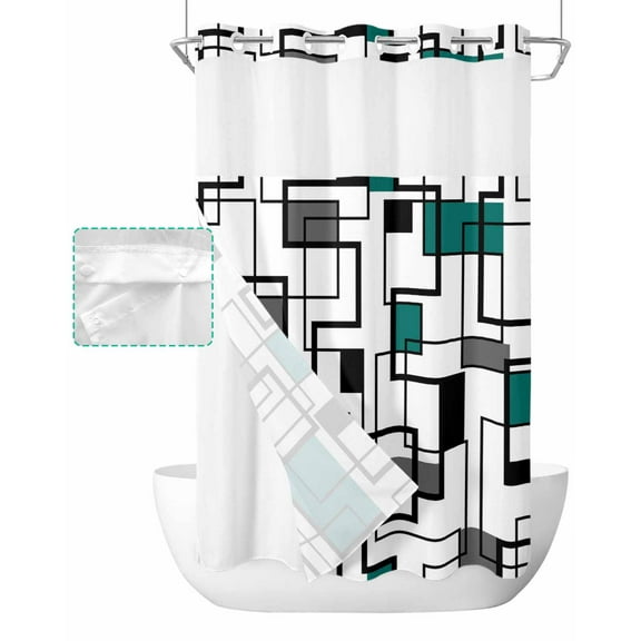 No Hook Shower Curtain with Snap in Liner, Turquoise Grey Abstract Geometric Art Modern Hotel Shower Curtains for Bathroom, Washable Shower Curtain Liner Set with Mesh Top Window, 36"x72"