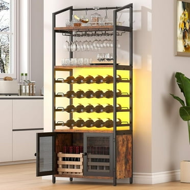 Winkalon Freestanding Wine Rack with 4-Tier Bar Cabinet, Storage Cabinet, Glass Holder & Tabletop for Liquor and Glasses, Living Room & Home Bar