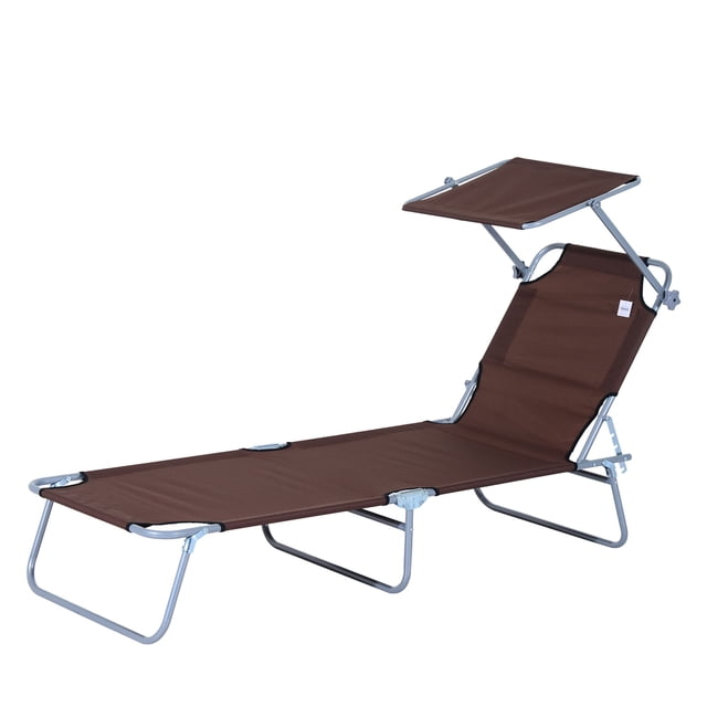 Brown Adjustable Outdoor Lounge Chair with Sun Shade - Patio Chaise Lounge for Beach, Garden & Camping - Metal Frame & Oxford Cloth - 73.5" x 22.8"