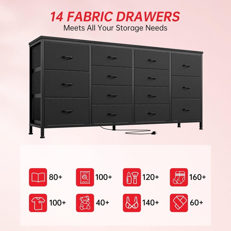 TROPOW 63" W Long Fabric Dresser TV Stand with 14 Drawers, Power Outlets, for 65 70 75 Inch TVs, Entertainment Center for Bedroom Living Room Storage