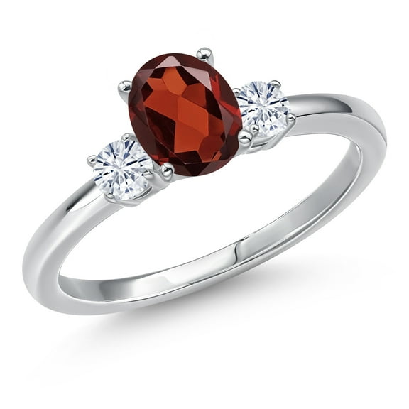 Gem Stone King 14K White Gold Red Garnet and White Moissanite Engagement Ring for Women | 1.07 Cttw | Oval 7X5MM | Gemstone January Birthstone | Size 7