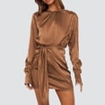 thumbnail image 3 of Women Round Neck Long Sleeve Dress Solid Color Casual Slim Fit Tie Waist Ruched Wrap Cocktail Party Dresses, 3 of 8