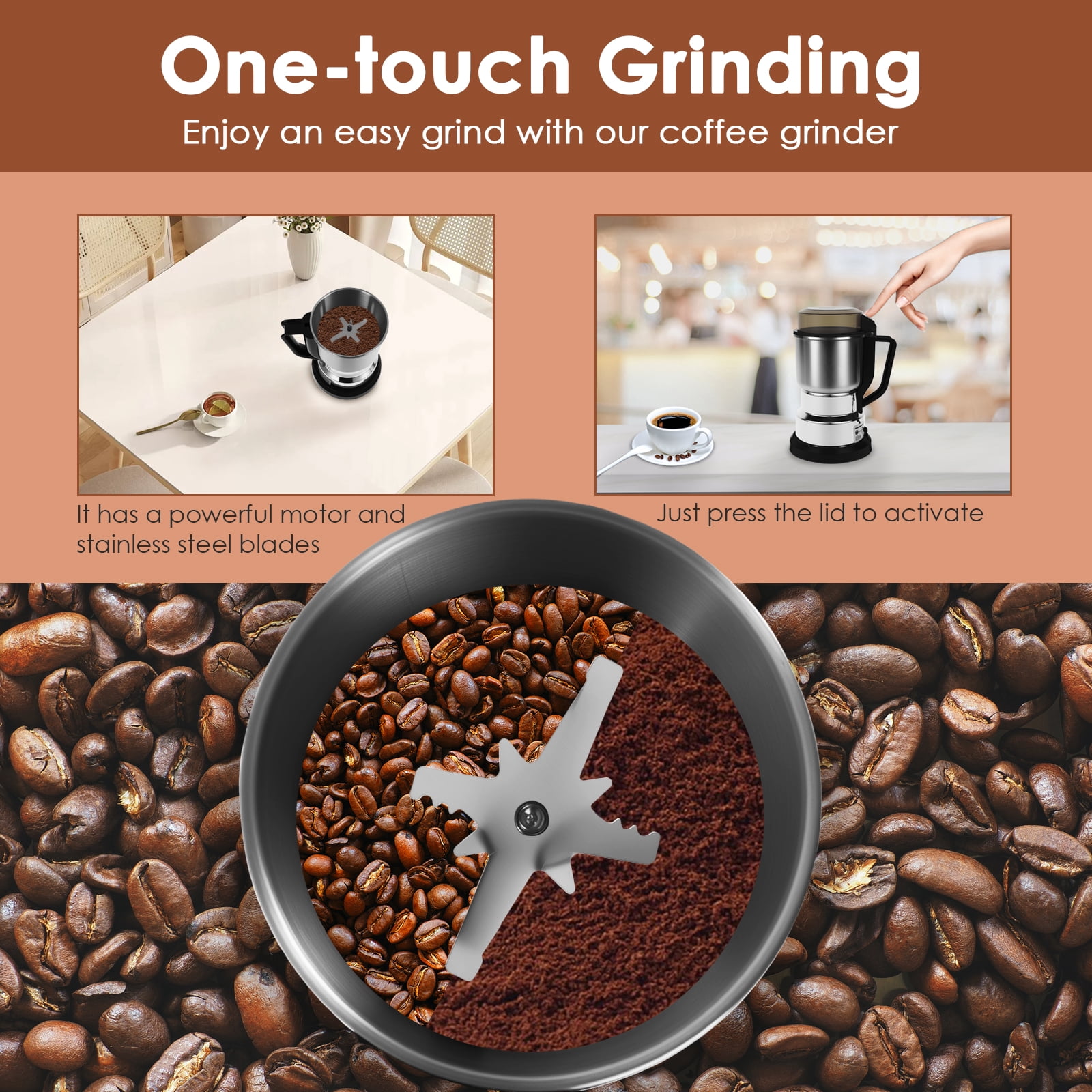 Keyohome Portable Electric Coffee Grinder Adjustable Coffee Bean Grinder with Stainless Steel Blade Spoon and Clean Brush for Home Kitchen Counter