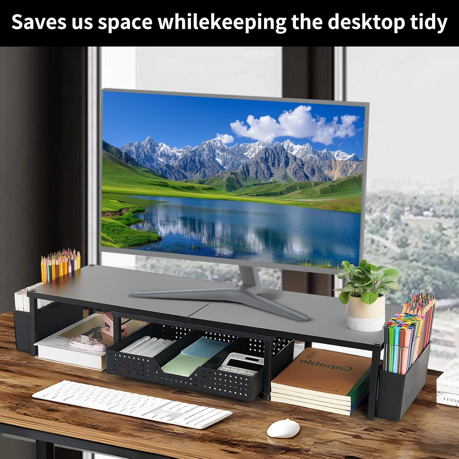 Dual Monitor Stand Riser with Drawer and Pen Holders, Metal Desk Shelf Organizer for Office Workspace, Green Desktop Storage
