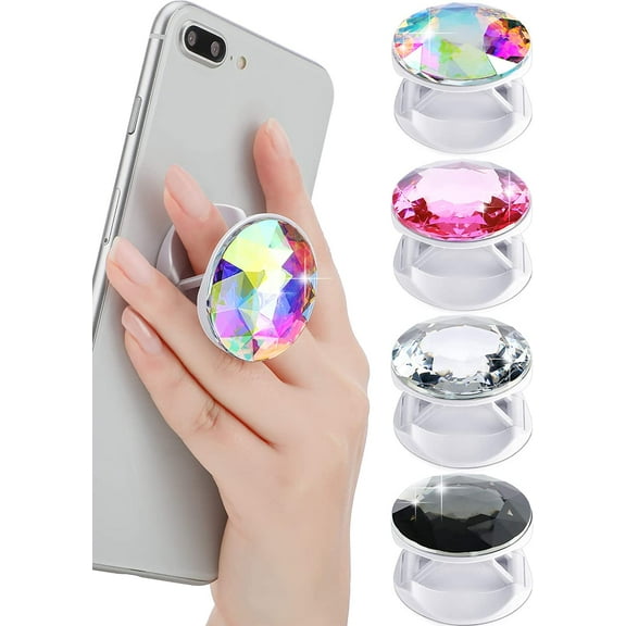 Lsupdaol 4 Pcs Plastic Disco Crystal Phone Grip with Expanding Kickstand Adhesive Diamond Phone Holders Collapsible Foldable Finger Stand Holder for Smartphone Tablets(White, Pink, Black, Rainbow)