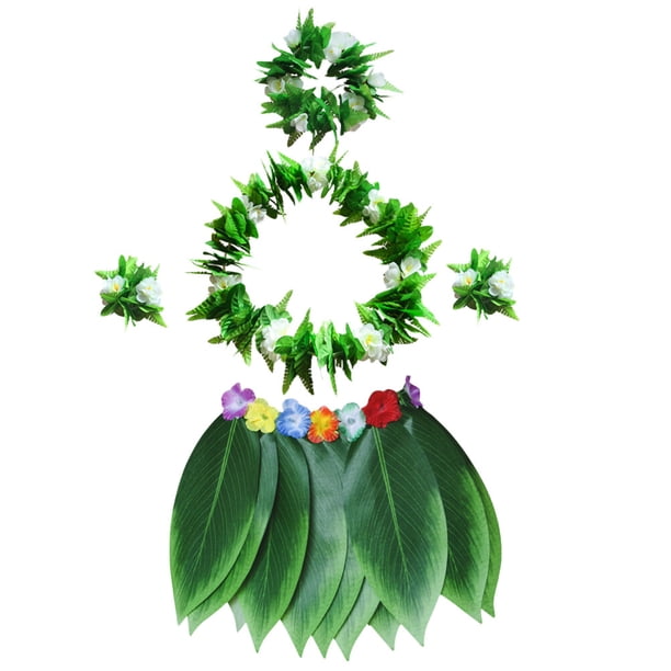 Conjunto de 5 piezas de falda hula hawaiana con collar, pulseras, diadema y hojas verdes, ideal como recuerdo para fiestas luau en la playa (adultos).