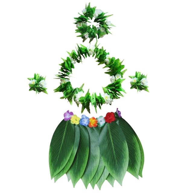 5 piezas de falda de hula, conjunto de disfraz hawaiano con hojas verdes, collar, pulseras, diadema, regalos de fiesta de Luau para la playa, suministros para fiestas de Luau (niños)