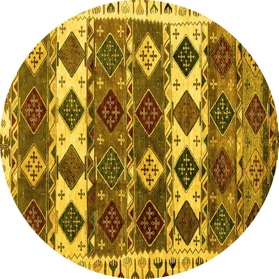 Ahgly Company Machine Washable Indoor Round Oriental Yellow Modern Area Rugs, 8' Round