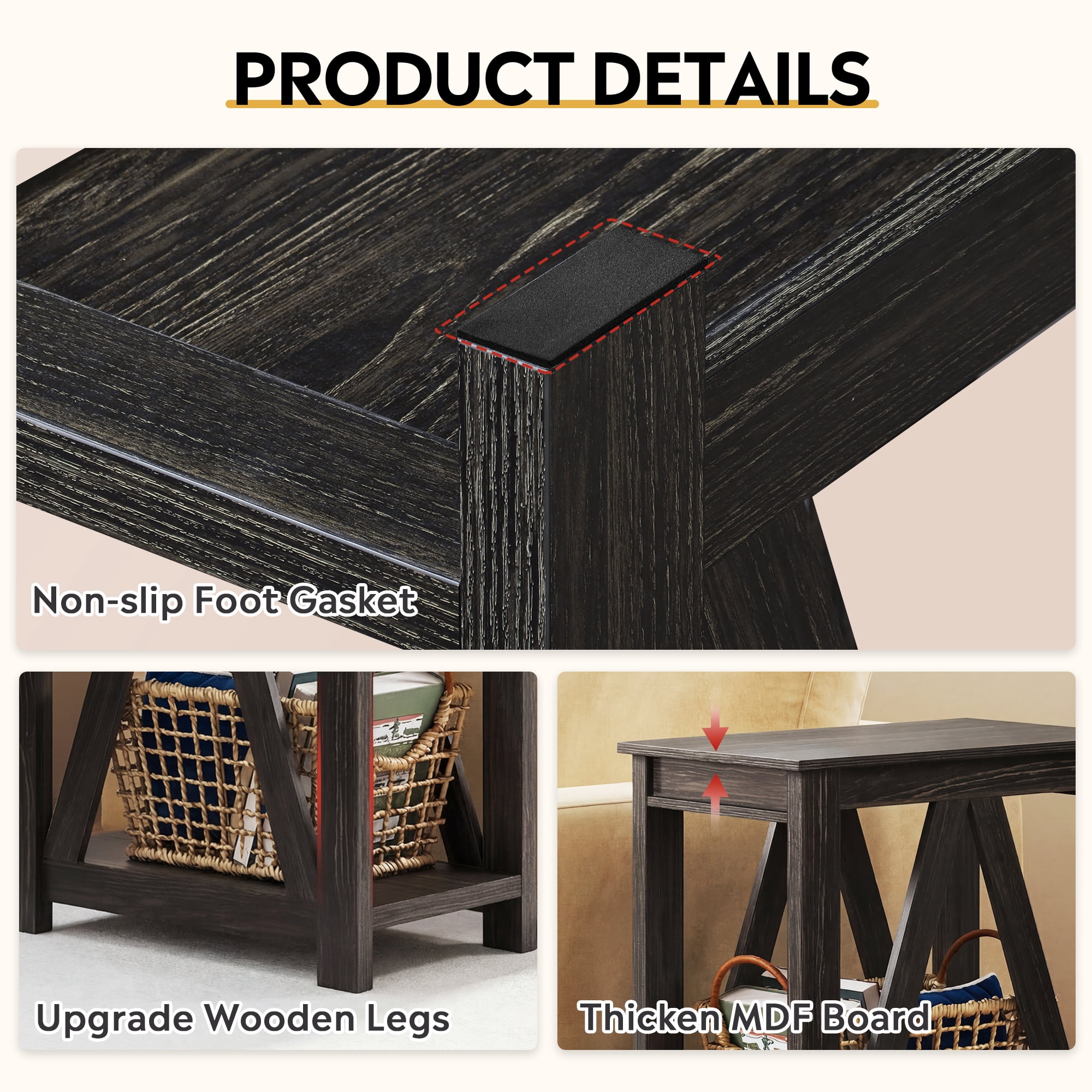 GALAXHERO Narrow End Table with Charging Station and Open Storage Shelf Sofa Side Table with 2 USB Ports and 2 Power Outlets, Slim Farmhouse End Table for Small Spaces, Bedroom, Living Room Black