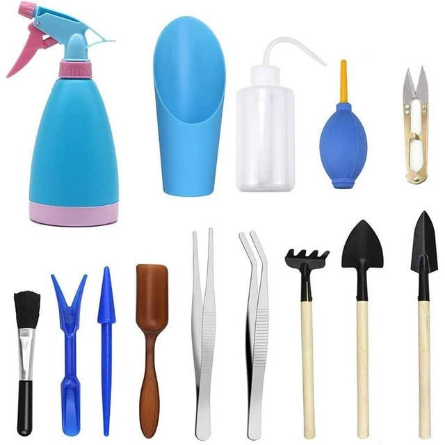 Mini Ensemble d'Outils de Jardinage (14 Pcs), Ensemble d'Outils de Jardinage Miniatures, Outils de Plantation à Main, Pulvérisateur Bouilloire et Pelle, etc.
