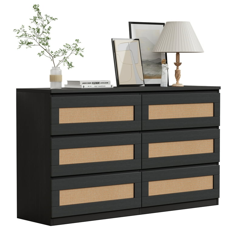 WhizMax Rattan Dresser for Bedroom 6 Drawer Double Dresser with Anti Tip Kit Wood Storage Wide Chest of Drawers for Bedroom Living Room Hallway Black Walmart