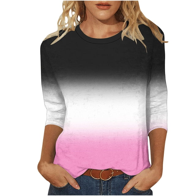 VSSSJ Hauts à Manches 3/4 pour Femmes Décontracté Tendance Dégradé Manches Raglan Col Rond Coupe Décontractée Tunique Respirante Tee-Shirt Noir L