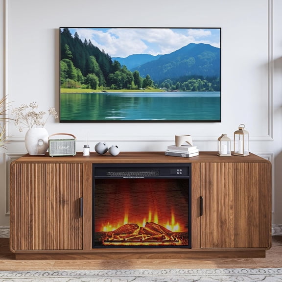 BERRYMERRY 60inch Fireplace TV Stand with 23" Electric Fireplace Heater,Mid Century Modern Fluted Entertainment Center for TVs Up to 75" for Living Room, Bedroom (Brown with Fireplace)