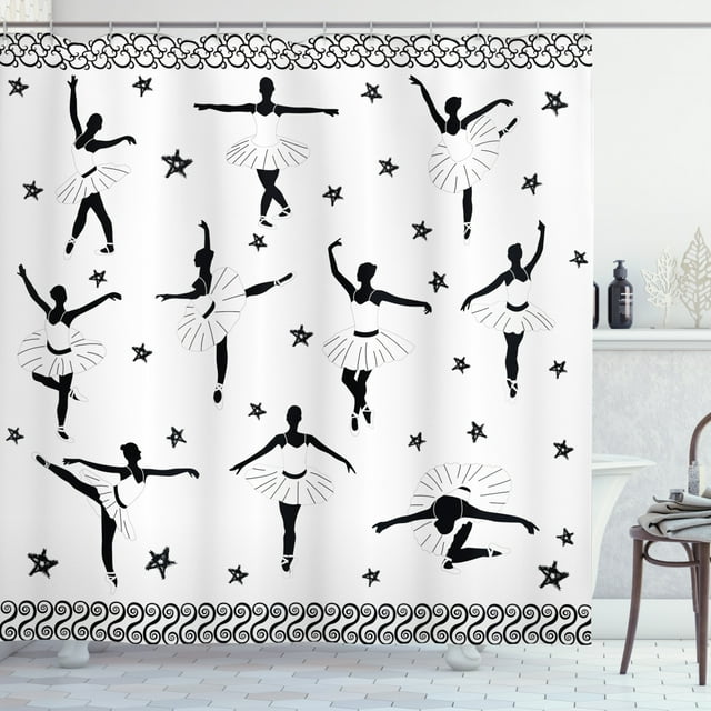Ambesonne Ballet Shower Curtain, Stars and Hand-drawn Swirls, 69"Wx70"L, Black and White