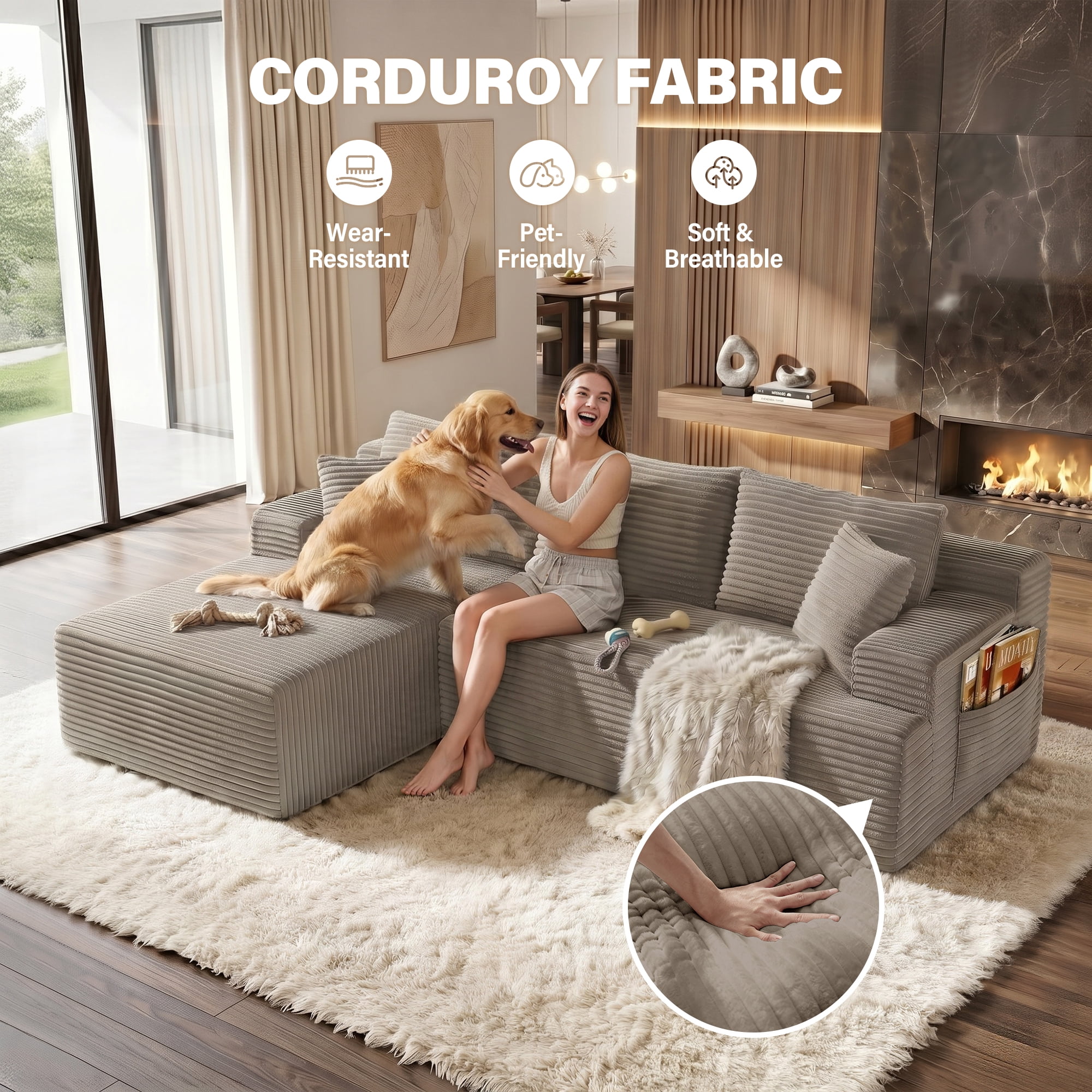 Aukfa 96" Cloud Sectional Couch, Modular L Shaped Boneless Sofa with Left Facing Chaise&2 Storage Pockets, Camel