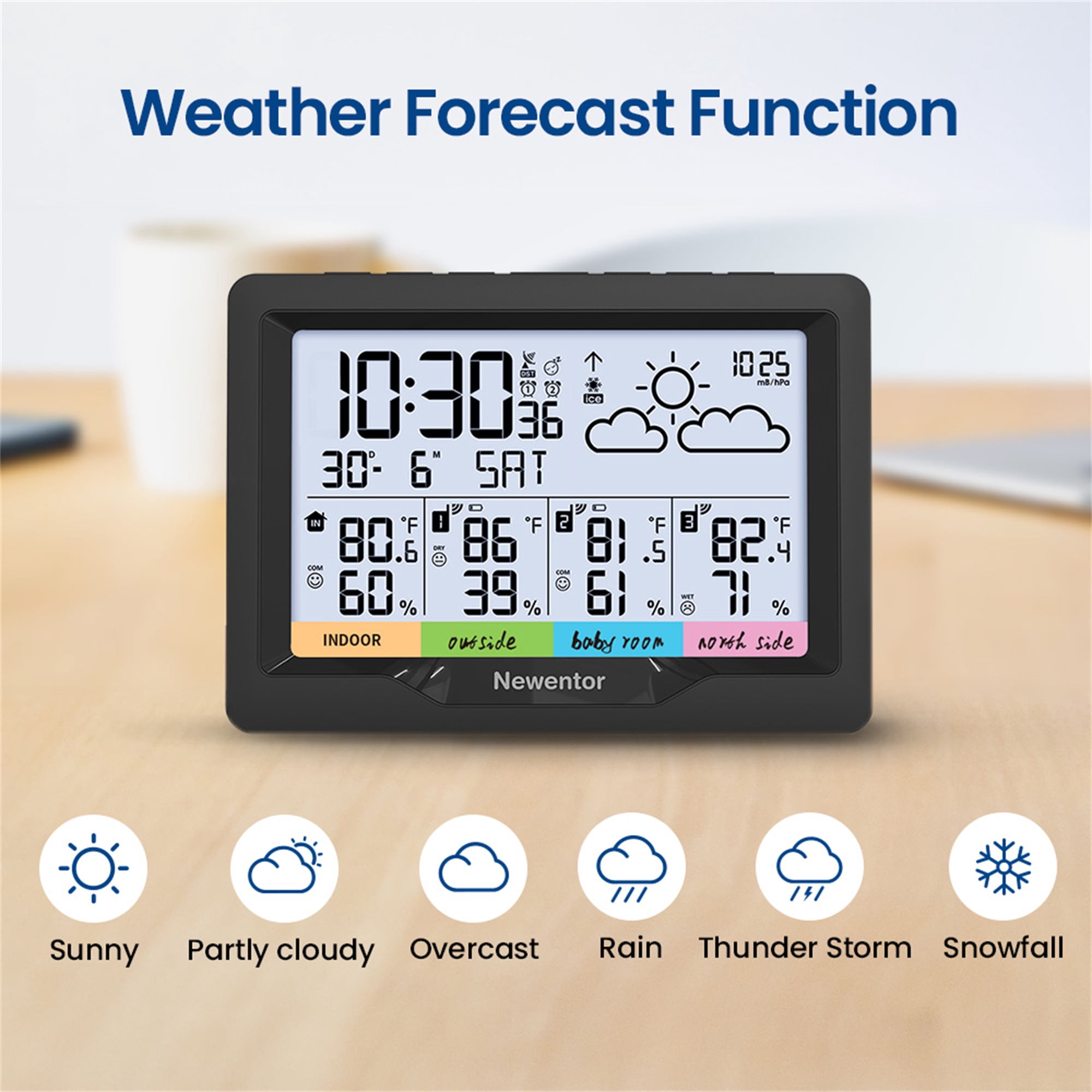 Newentor 6" Digital Display Weather Station for Home with 3 Outdoor Sensors, Indoor Outdoor Thermometer, Black
