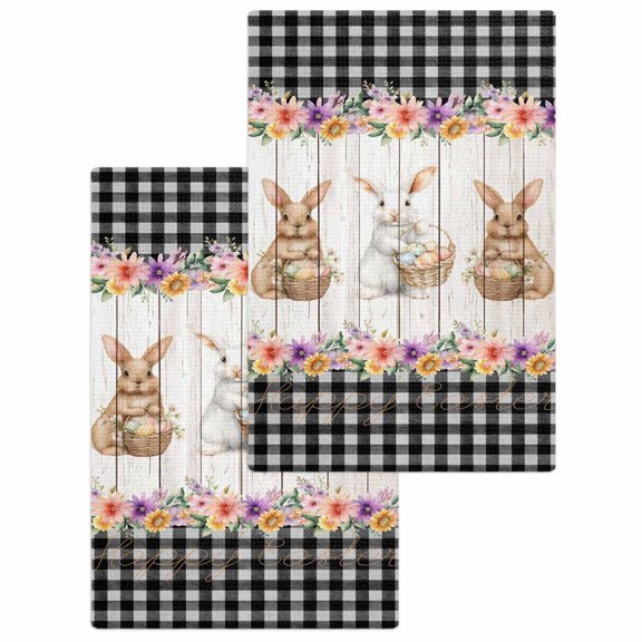 Easter Bunny Eggs Kitchen Dish Towels for Drying Dishes Set of 2, Spring Flowers Rabbits Farmhouse Buffalo Plaid Waffle Weave Microfiber Hand Tea Bathroom Towels Quick Dry & Absorbent Towel 15.7x23.6
