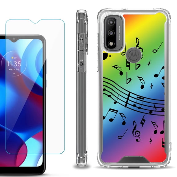 Shockproof Bumper Phone Case for Motorola Moto G Pure, with Tempered Glass Screen Protector, by OneToughShield ® - Music Notes / Rainbow