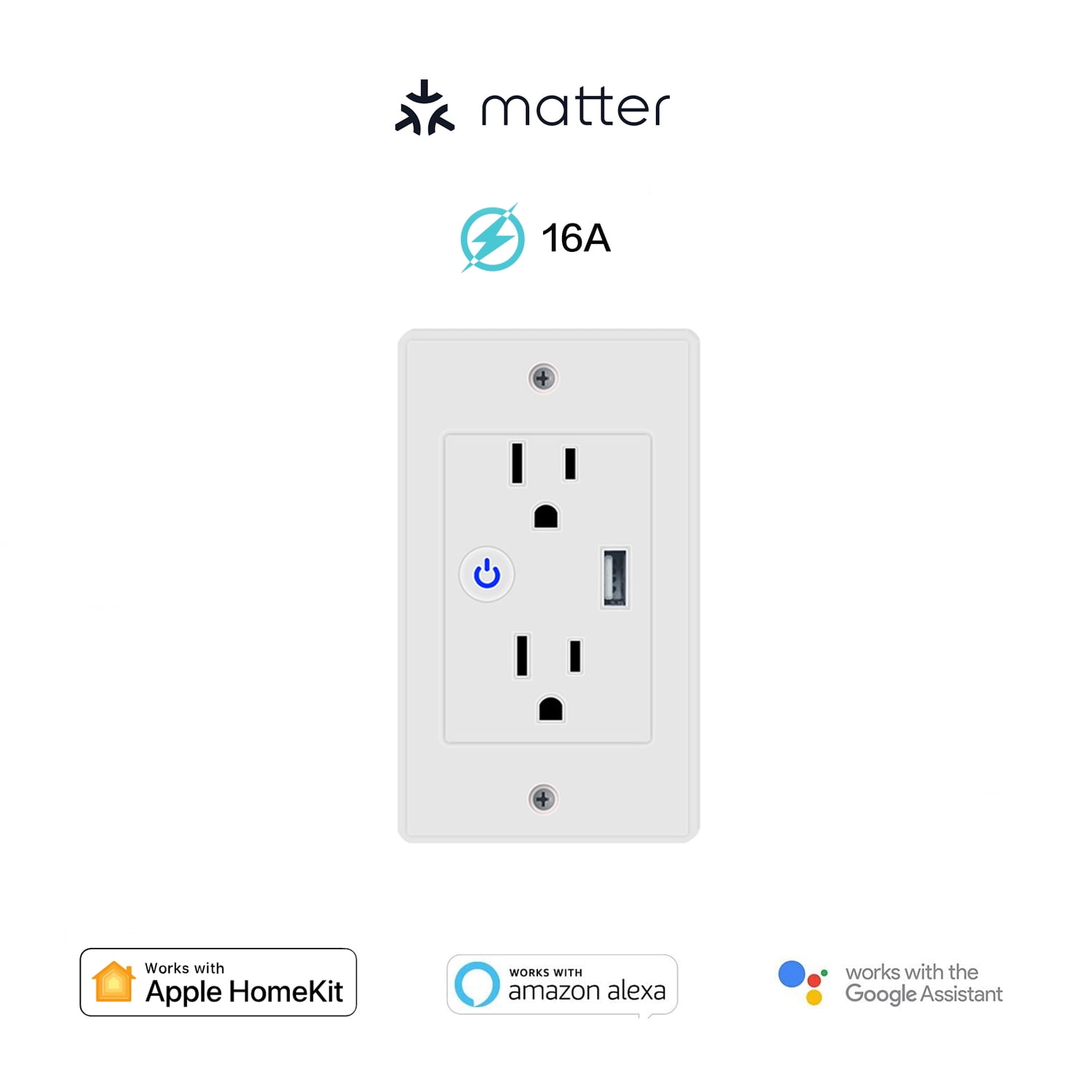 2 Pack,White,Matter 16A USB Smart Wall Outlet,in-Wall Plug Socket,Compatible Work with Apple Homekit,Amazon Alexa, Google Home,Only supports 2.4GHz Wi-Fi