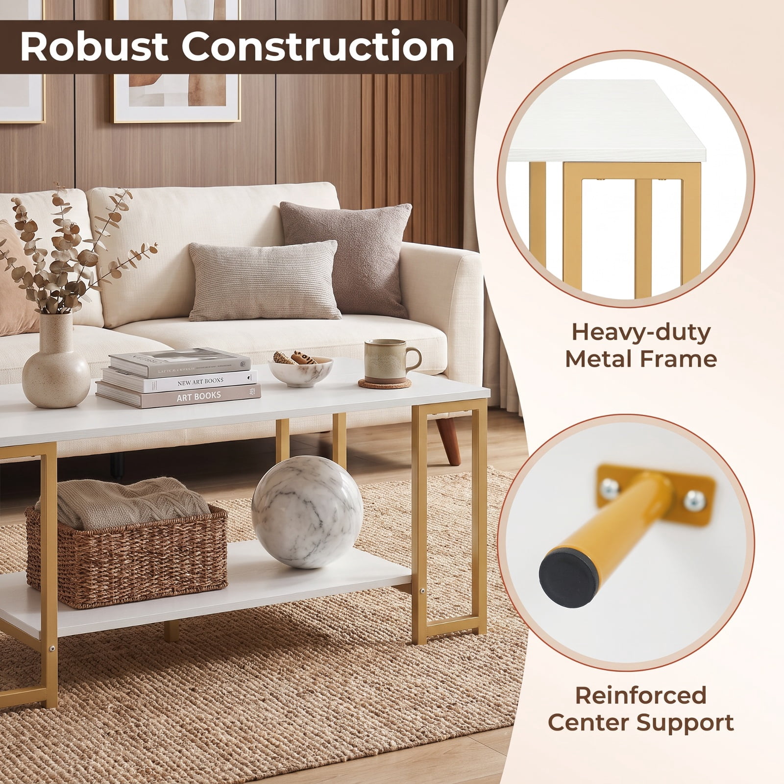 Furnibear Modern 2 Tier Accent Coffee Table with Open Storage Shelf and Metal Frame for Living Room Apartment and Lounge, White
