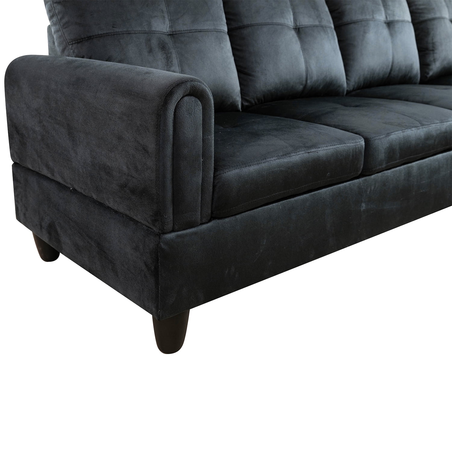 Hommoo Flannel 4-Seat Couch Sofa Set, L Shaped Couch Living Room Sofa Set, Sectional Sofa for Small Space, Black(No Ottoman)
