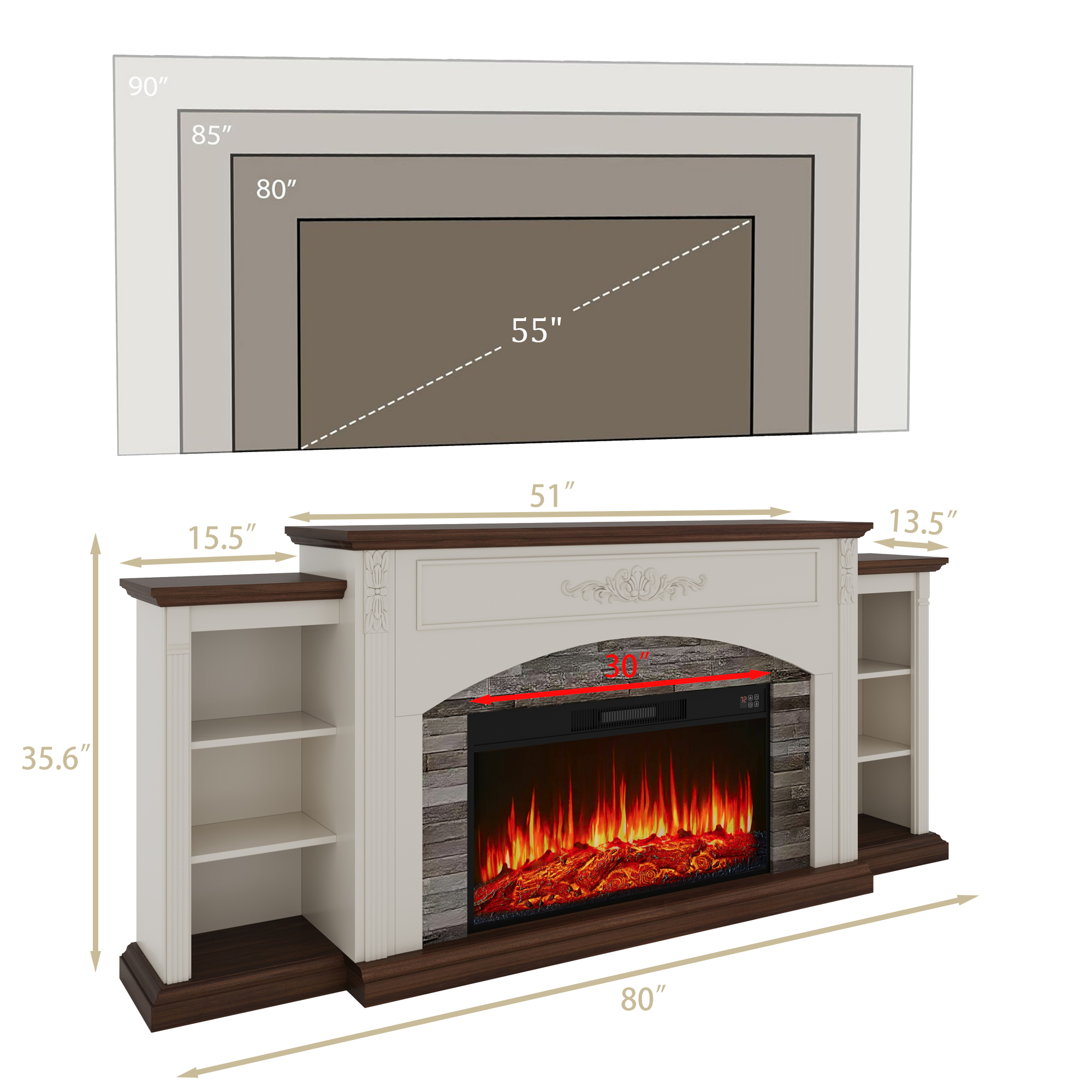 BOSHIRO 80" Electric Fireplace with Mantel and Cabinets, Fireplace TV Stand for Living Room Bedroom, Fits TVs up to 90”