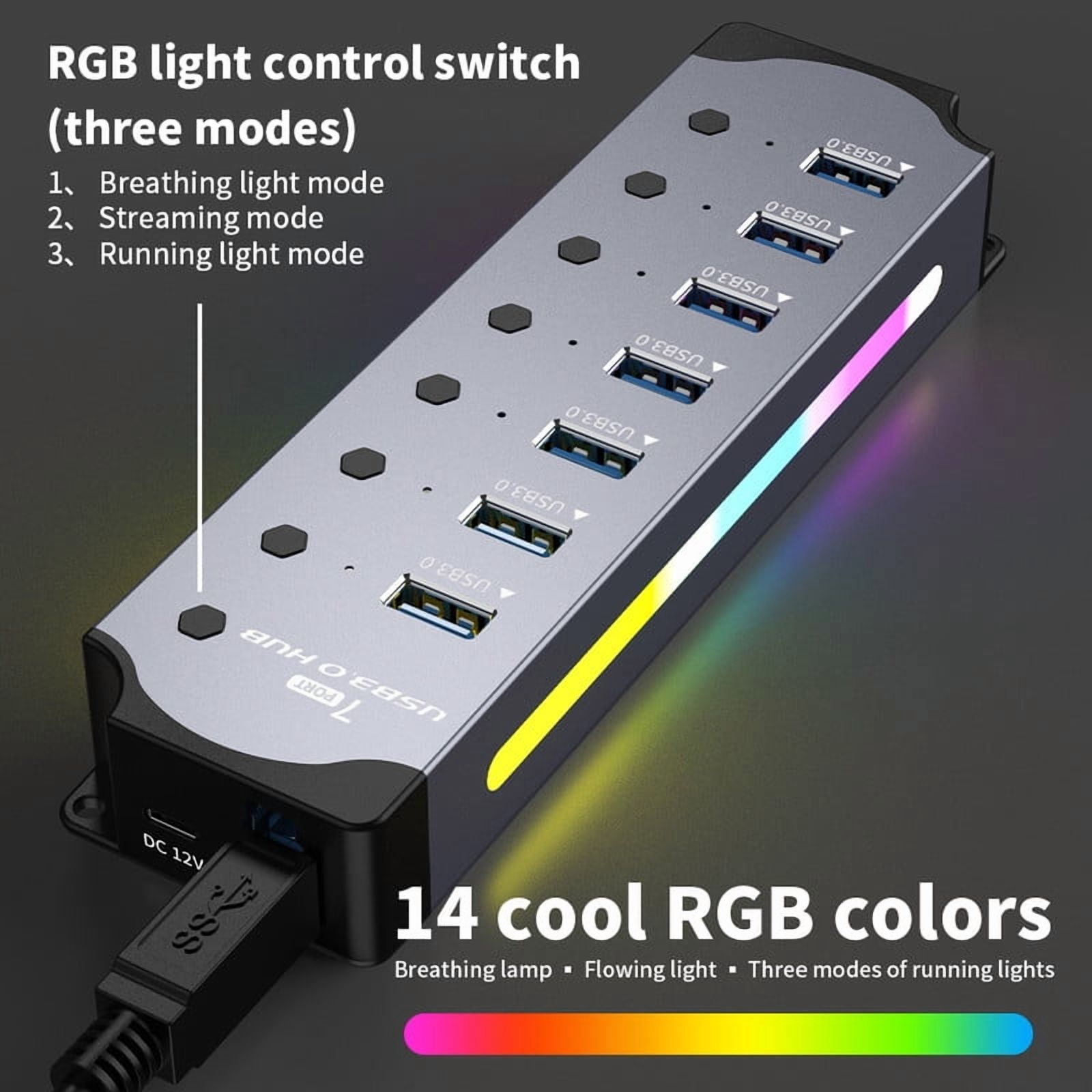 7-Port USB Hub Aluminum USB 3.0 Hub Data Transfer with Individual Switches, RGB Gaming USB Hub, External Expansion Data Hub for PC Laptop Desktop Computer