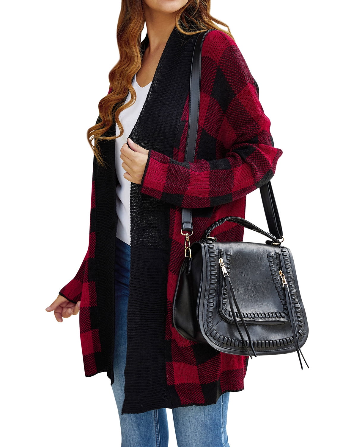 ZXSXSY Women Plaid Printed Open Front Pockets Long Sleeve