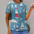 thumbnail image 3 of Lighthouse Sailboats Ocean Waves-3 Womens Tops Women's Fashion Casual Short Sleeve Flower Print Round Neck Pullover Top Blouse, 3 of 7