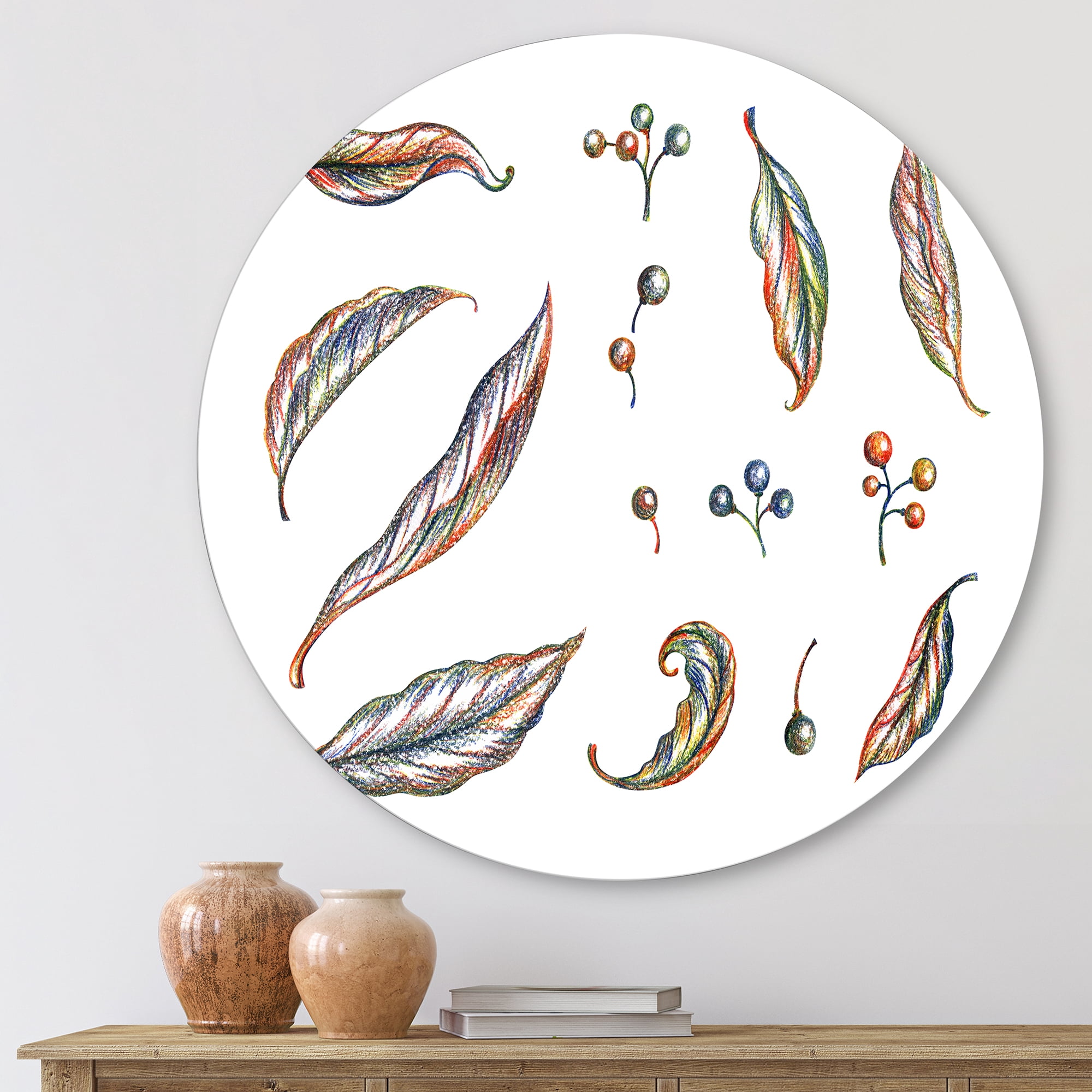 Designart 'Leaves and Berries Of Wild Grapes' Bohemian & Eclectic Circle Metal Wall Art 11x11 - Disc of 11