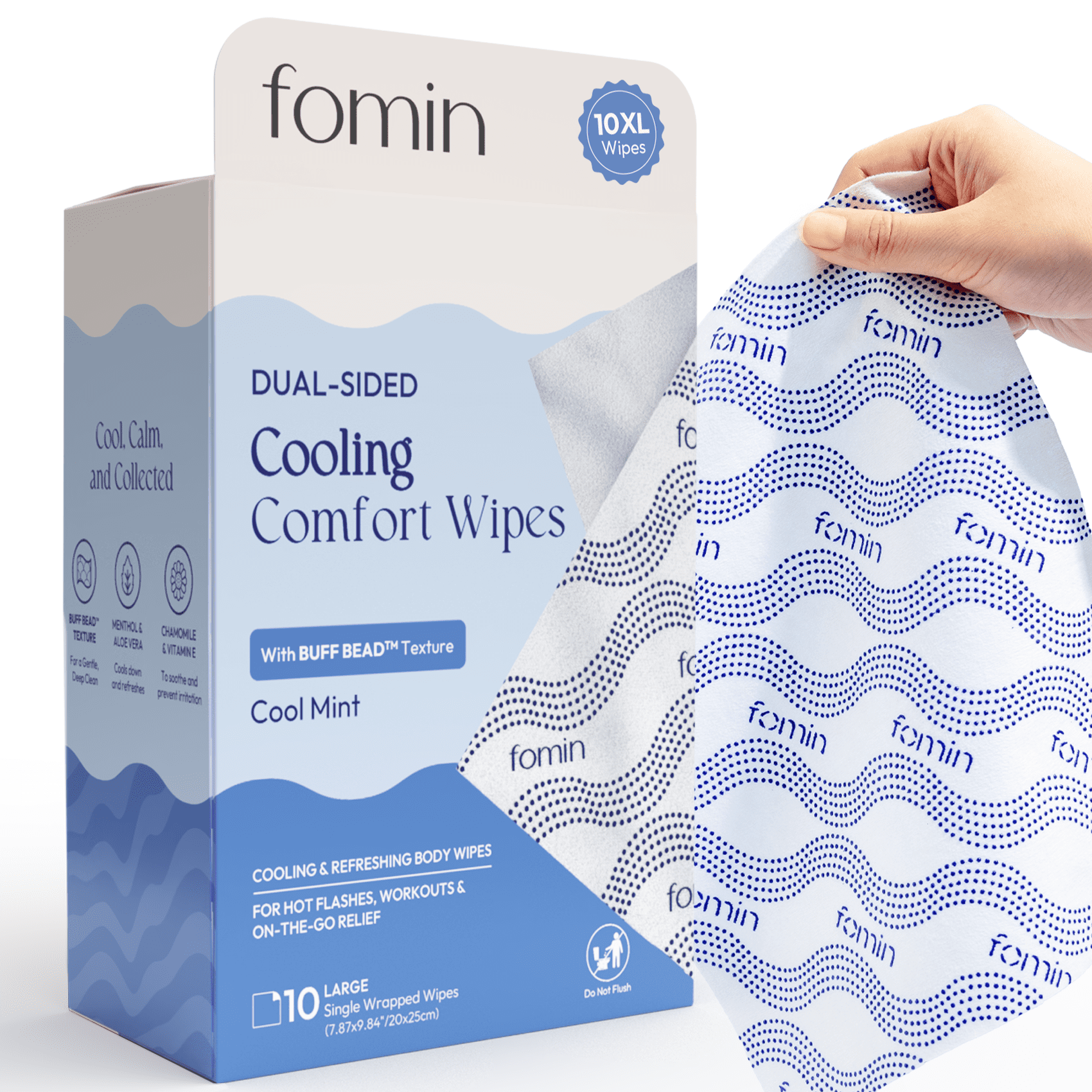 Fomin Dual-Sided Cooling Comfort Wipes, Cool Mint, 10 Count XL Individually Wrapped Body Wipes, Refreshing Wipes for Hot Flashes Perfect for Workouts & On-the-Go