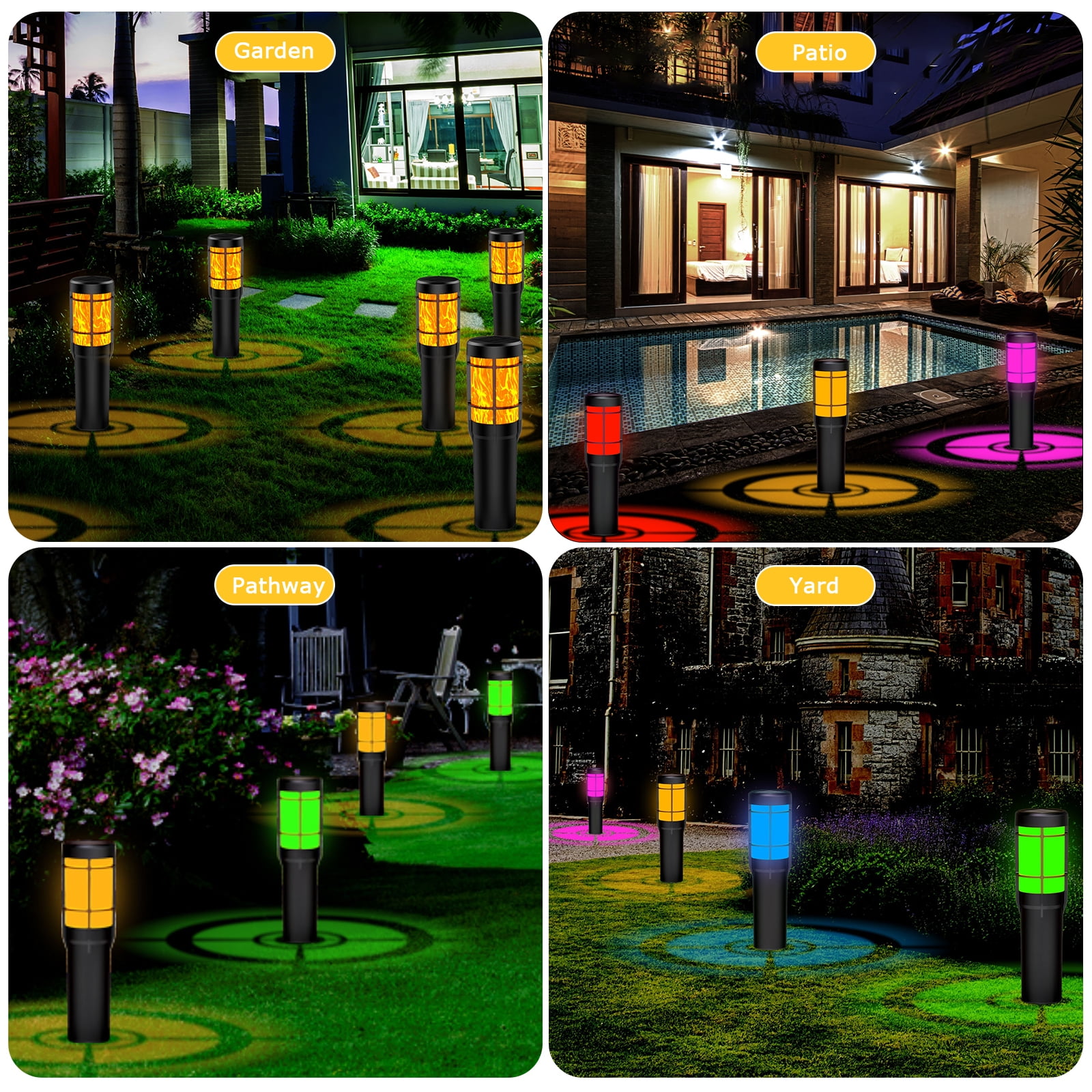 Solar Lights Outdoor, 4 Pack Flickering Flame Torch Light with RGB 7 Color Changing, Landscape Lighting Pathway Lights Outdoor Waterproof, Solar Flame Torches for Outside Garden Yard Patio Path Decor