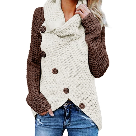 Asyoly Womens Asymmetric Button Decoration Turtleneck Sweater Long Sleeve Color Block Chunky Knitted Pullover Casual Loose Jumper Winter Tops