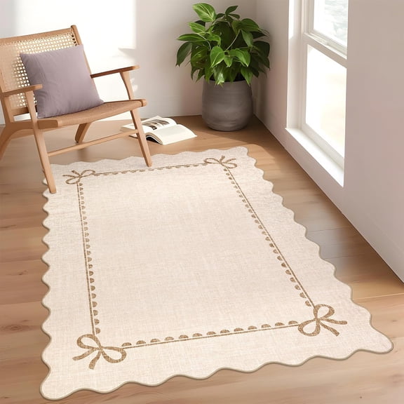 4x6 Scalloped Bow Corner Area Rug, Non Slip Washable Ultra Thin Low Pile Living Room Bedroom Carpet,beige