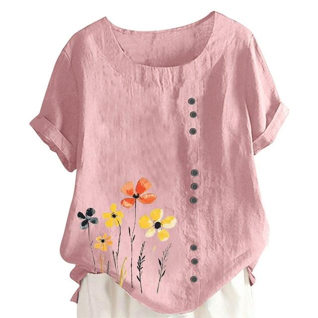 LMKIHUSA Blouses en Coton pour Femmes Manches Courtes Mode Décontractée Été 2025 Chemises Tunique Imprimé Floral Boho T-Shirts Col Rond Boutonné Blouses Rose,G