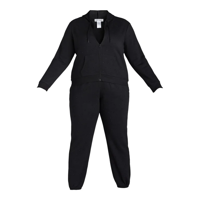Feathers Women s Plus Rhinestone Embellished Zip Hoodie and Joggers Set 2 Piece Sizes 1X 3X
