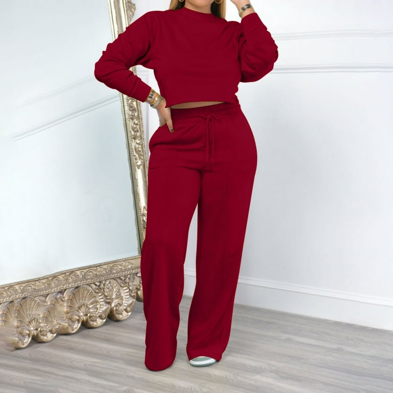 2 Piece Sweatsuit for Women Long Sleeve Crew Neck Cropped