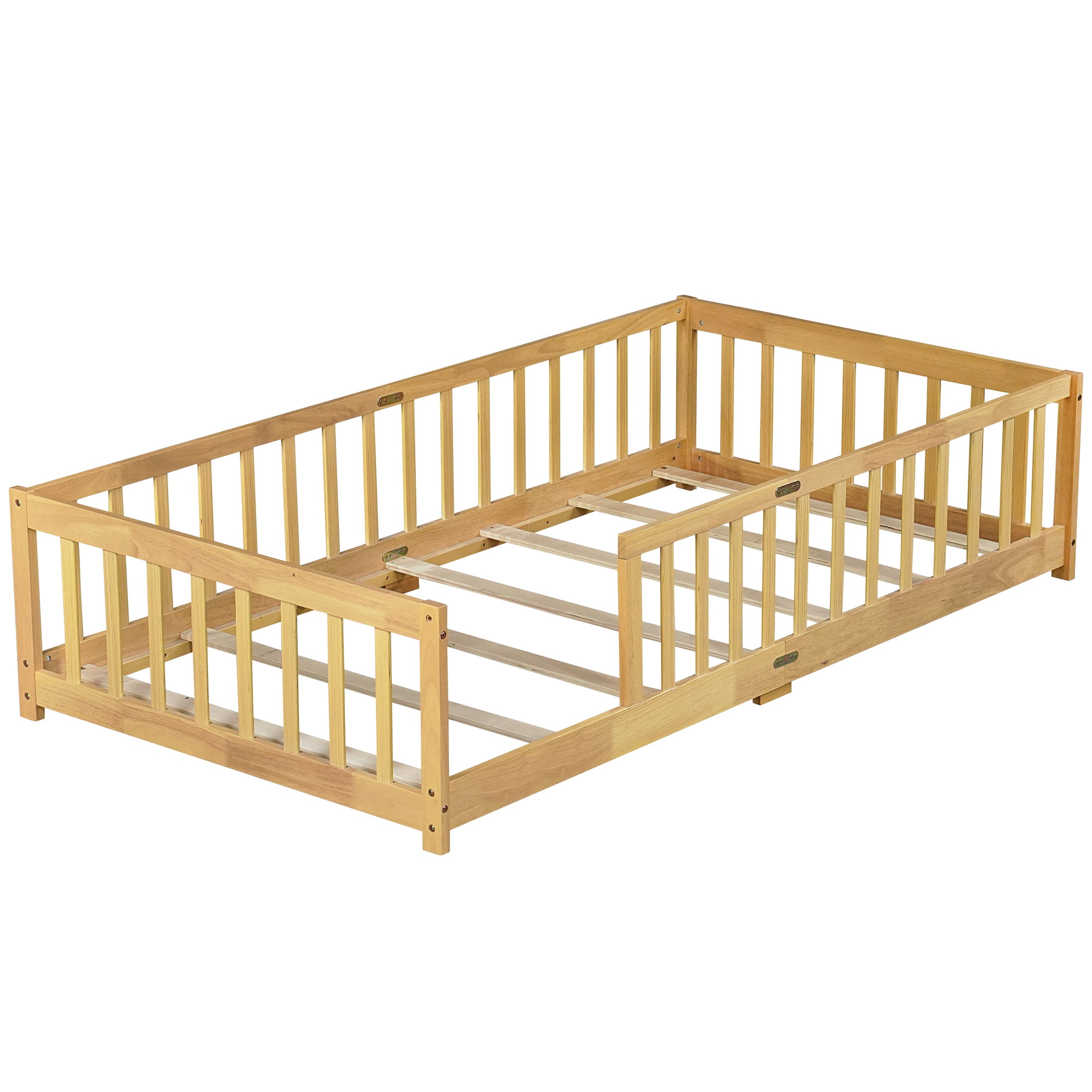 Twin Size Floor Bed with Fence, UHOMEPRO Montessori Floor Bed with Slats and Safety Guardrails, Solid Wood Twin Bed Frame for Bedroom, Natural
