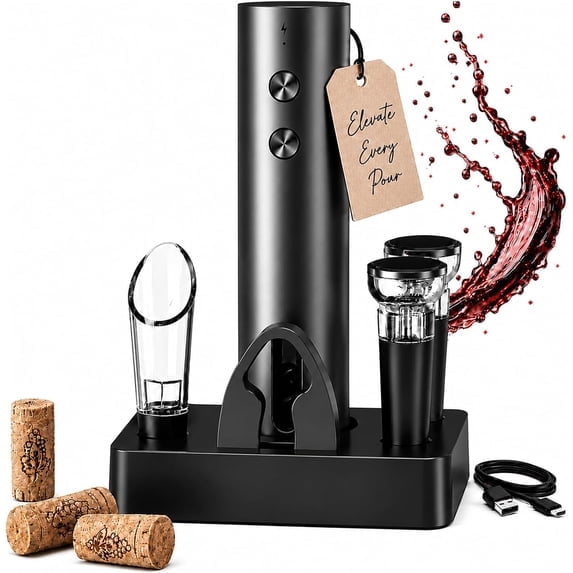 PIEWOFY Electric Wine Bottle Opener Gift Set, Cordless Automatic Corkscrew with Charging Storage Base, Wine Aerator Pourer, Foil Cutter, 2 Vacuum Stoppers for Men Women