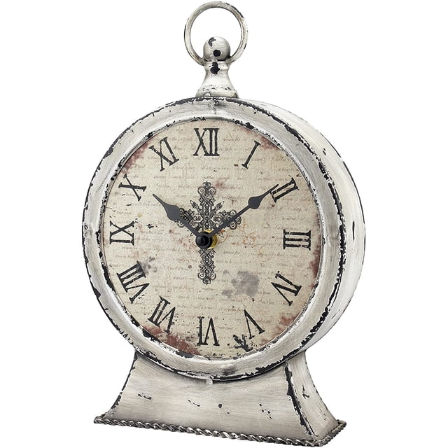 Stonebriar Large 12 Inch Decorative Battery Operated Table Top Clock with Roman Numerals and Antique Finish, 12", Worn White