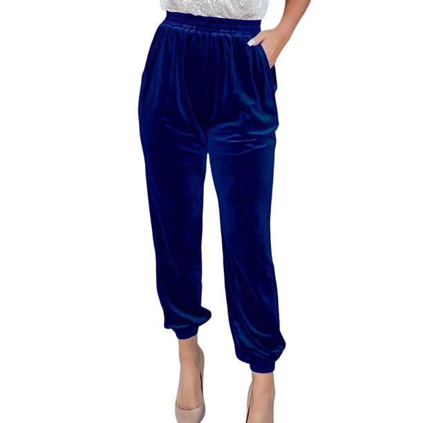 Gibobby Pantalones deportivos para mujer invierno Pantalones casuales rectos con cintura elástica de color sólido para mujer(Azul,XG)
