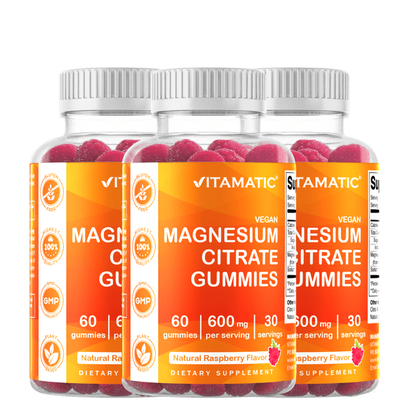 Vitamatic Magnesium Gummies 600mg per Serving - 60 Vegan Gummies - Promotes Healthy Relaxation, Muscle, Bone, & Energy Support 3 pack(180 Count)