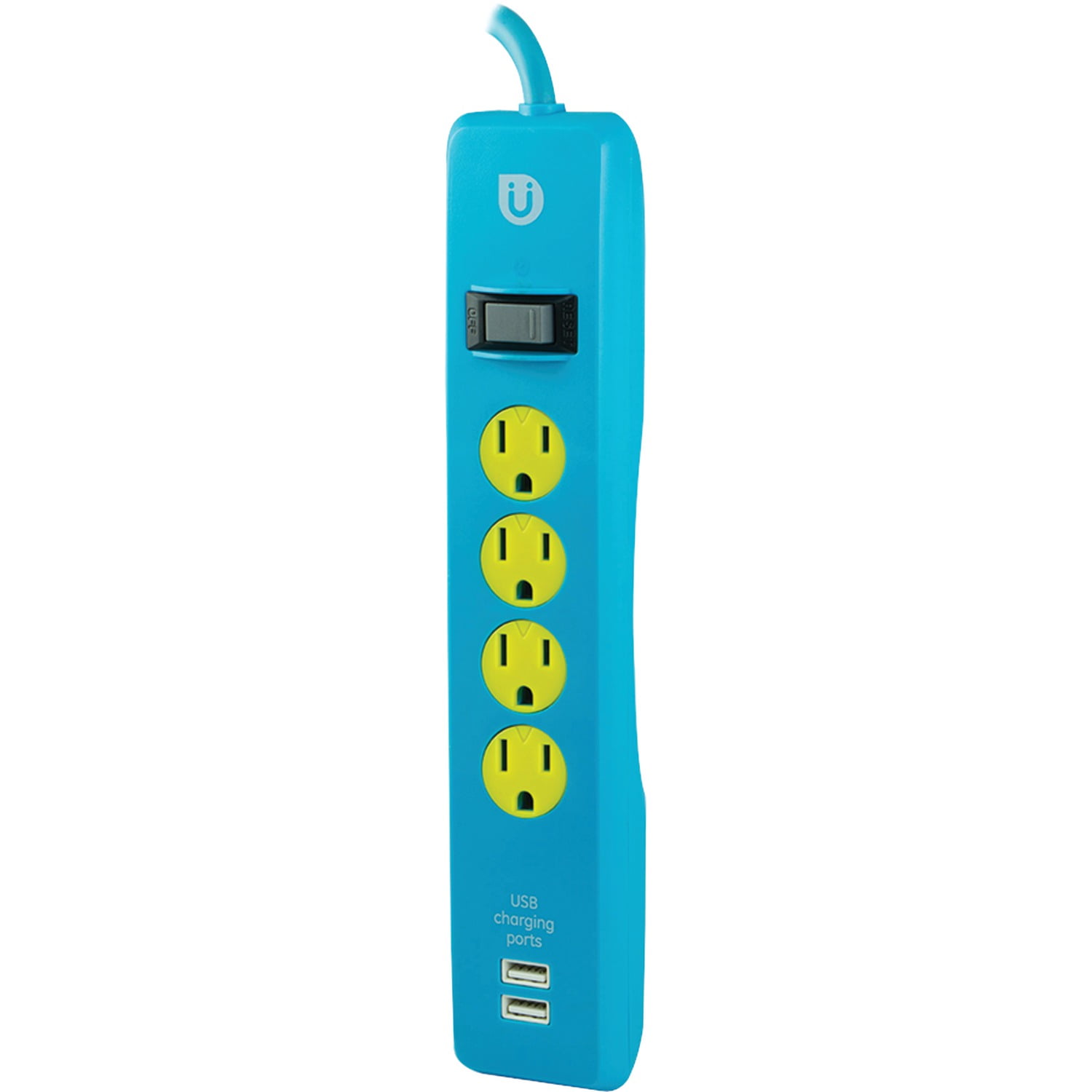 Uber 4-Outlet Power Strip with USB Charging, Blue/Yellow, 4 ft – 25117
