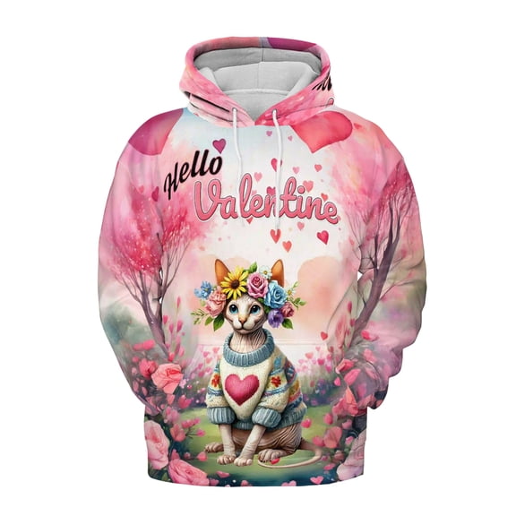 Hello Valentine’s Day Sphynx Flower Crown Romantic Pink Floral All Over Print 3D Hoodie Unisex Merch Hoodies Cat Lover Kitten Owner Gifts Idea - 00031