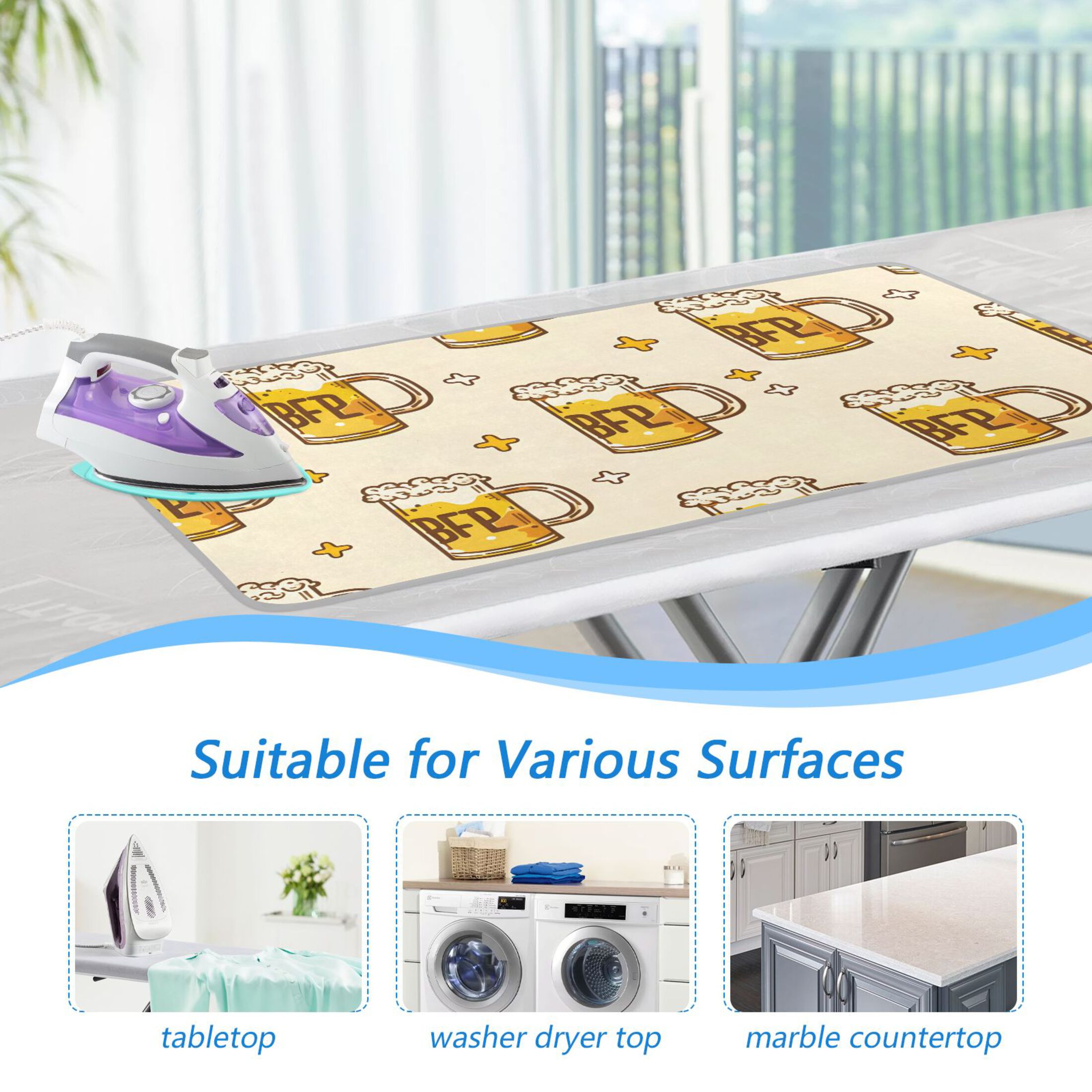 Cartoon Beers and Stars Ironing Mat Blanket Portable Travel Ironing Pad Heat Resistant Pad 47.2" x 27.6”