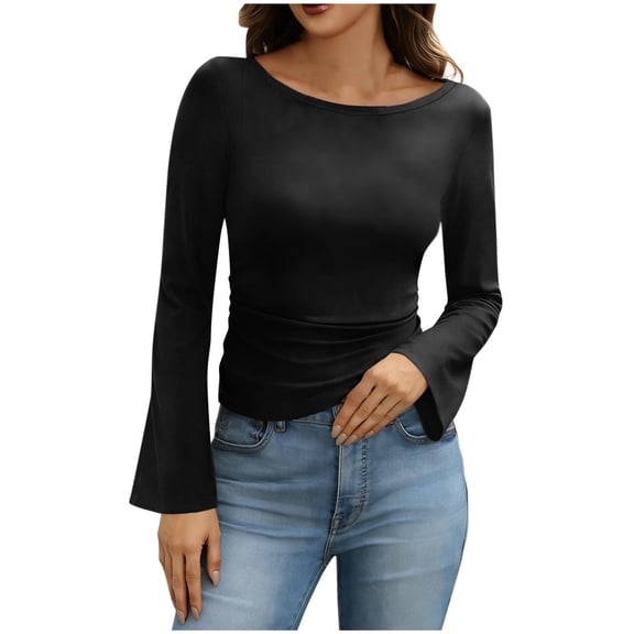 yillto Women Slim Tops Flare Long Sleeve Tight Shirts Fashion Crewneck Undershirts Casual Outfits