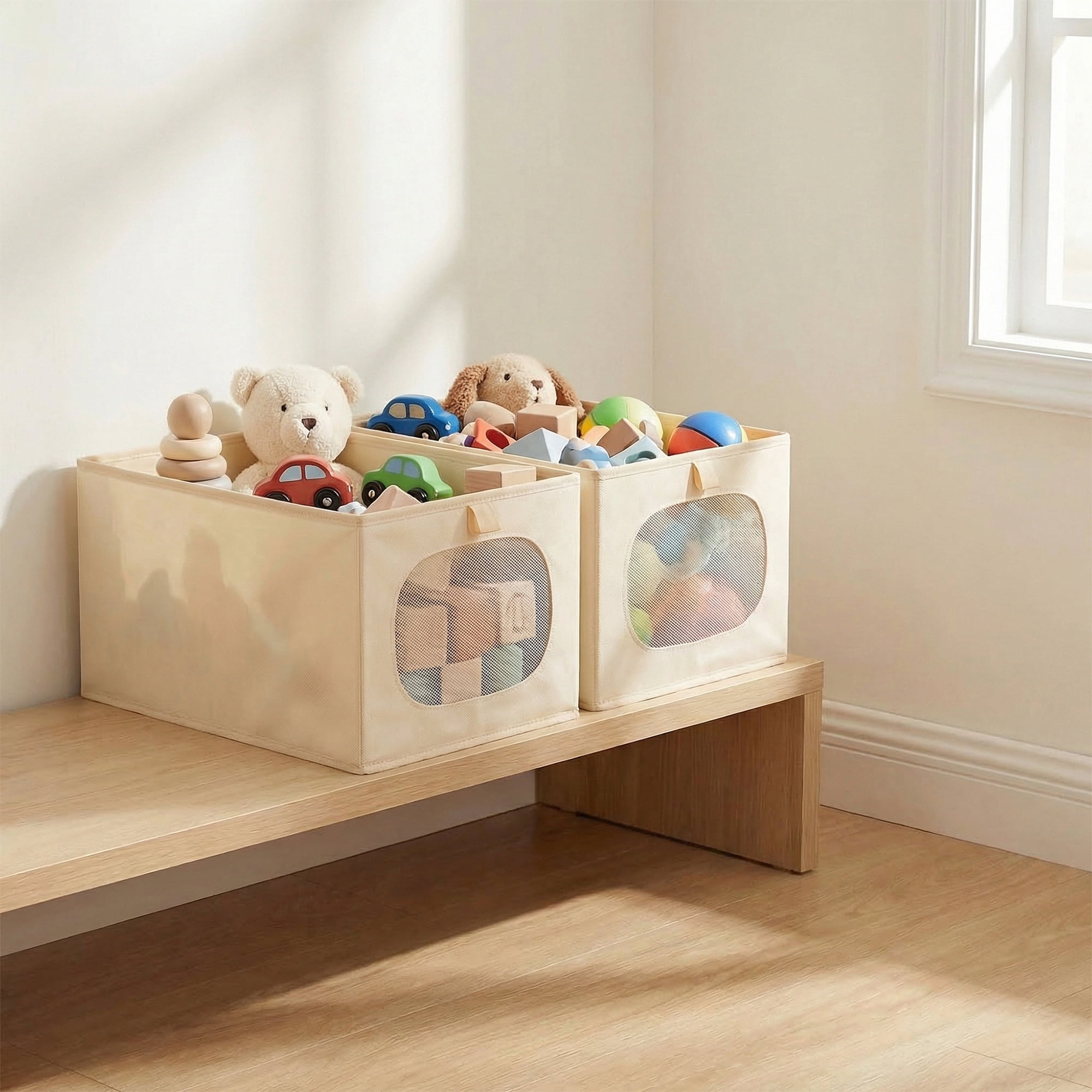 Unique Bargains Fabric Storage Bin With Bottom Beige 15.7*9.8*7.9in