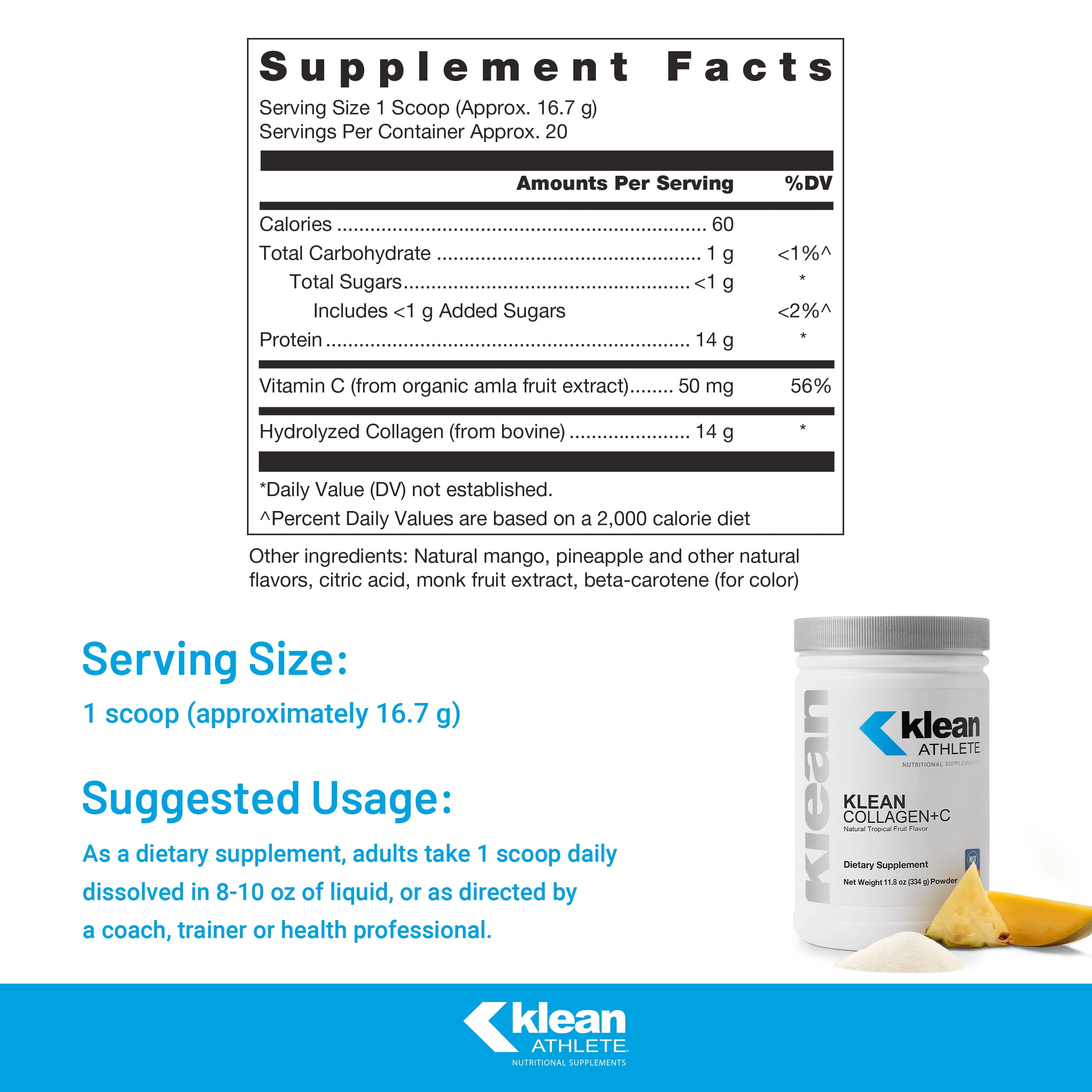 Klean ATHLETE Klean Collagen+C | Supports Musculoskeletal Health to Help Optimize Performance and Mobility | 11.8 Ounces | Natural Tropical Fruit Flavor