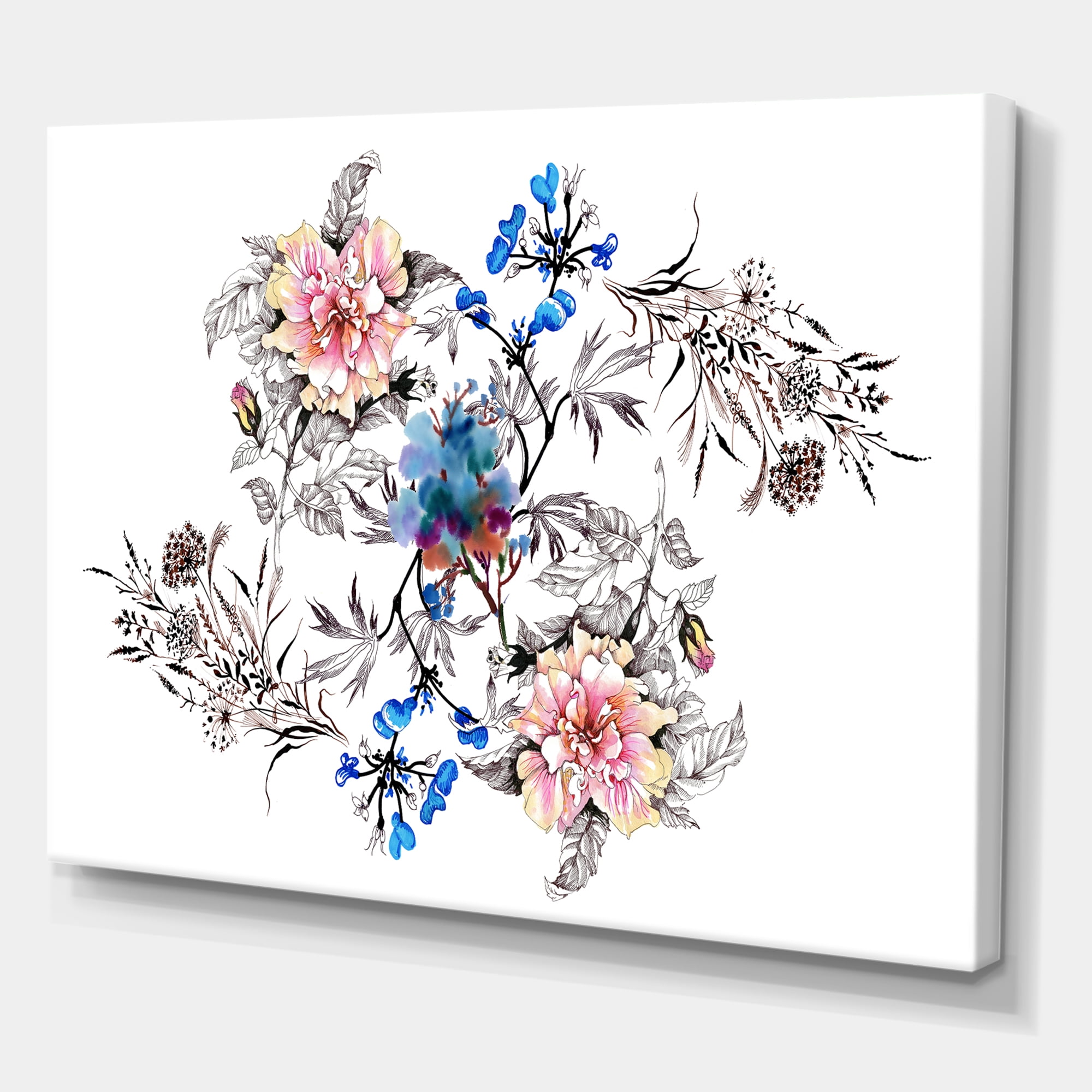 Pink and Blue Wildflowers 8 in x 12 in Painting Canvas Art Print, by Designart