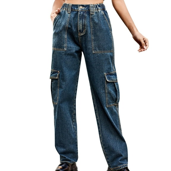 XFLWAM Wide Leg Cargo Jeans for Women Trendy High Waisted Boyfriend Straight Leg Denim Pants Baggy Vintage Y2k Trousers Jeans with Pockets